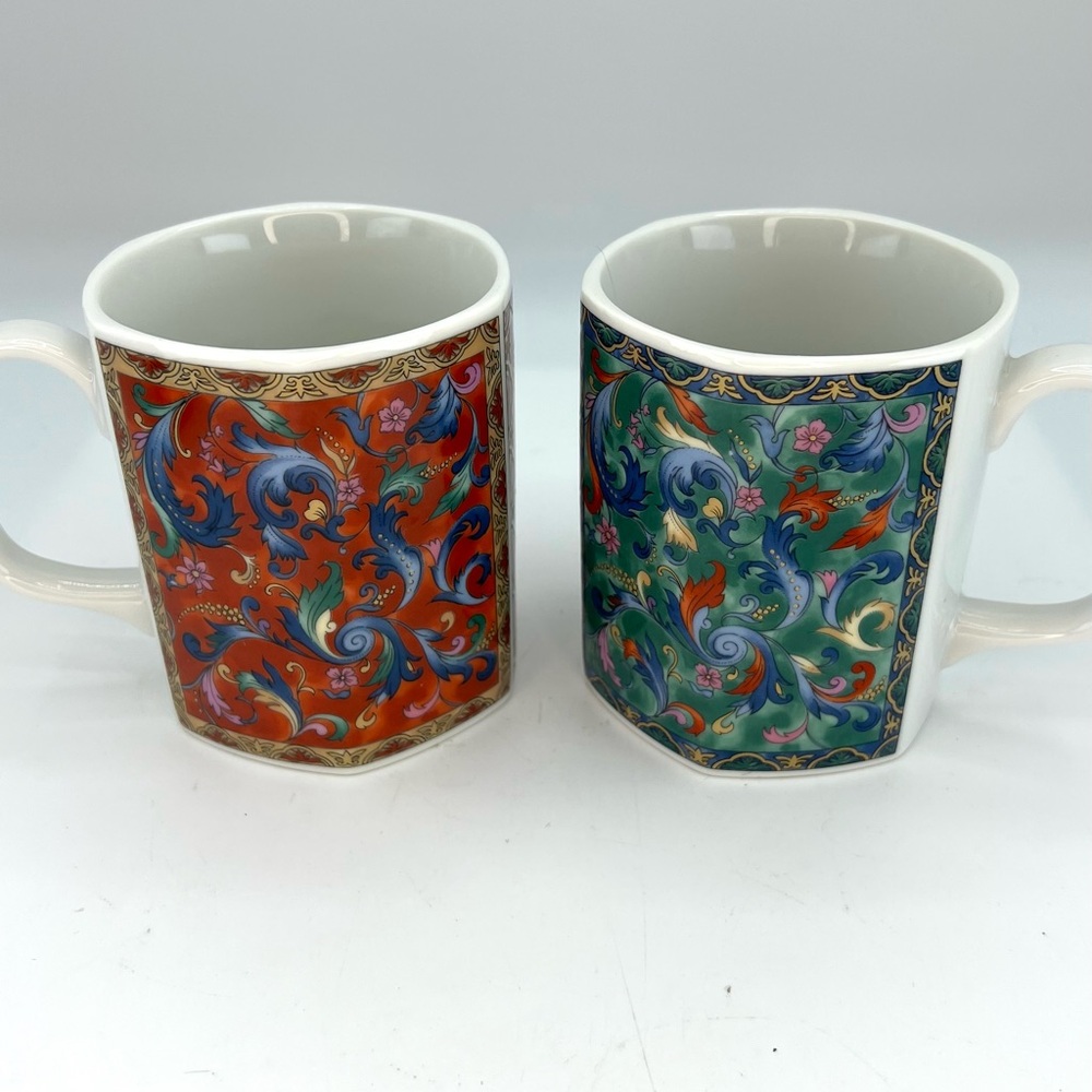 Pottery House Set of 2 Japan Cup Mug Asian Paisley Floral Pattern Coffee Tea